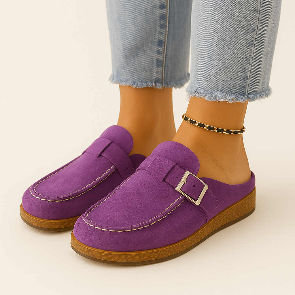 Mules Noelle para Mujer en Ante – Slip-On con Hebilla Ajustable, Suela de Corcho