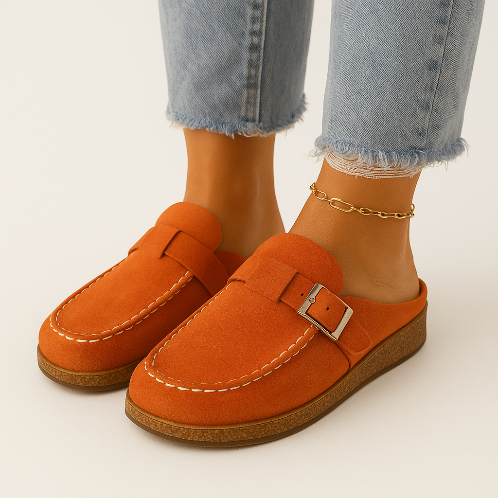 Mules Noelle para Mujer en Ante – Slip-On con Hebilla Ajustable, Suela de Corcho