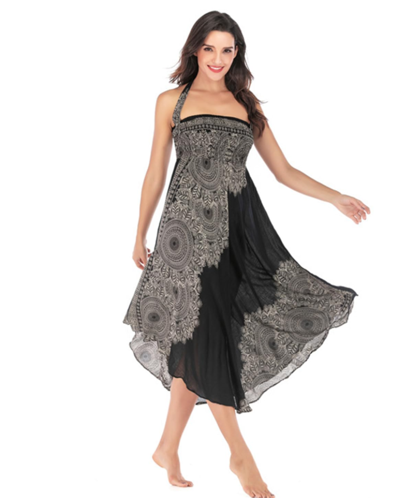 Ophelia Abito Maxi Donna 2 in 1 – Senza Maniche, Stampa Boho e Dettagli Arricciati