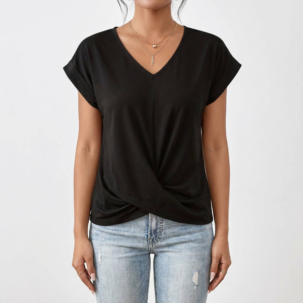 T-shirt Laura Femme Col V – Haut à Nœud Frontal Manches Courtes Casual Chic
