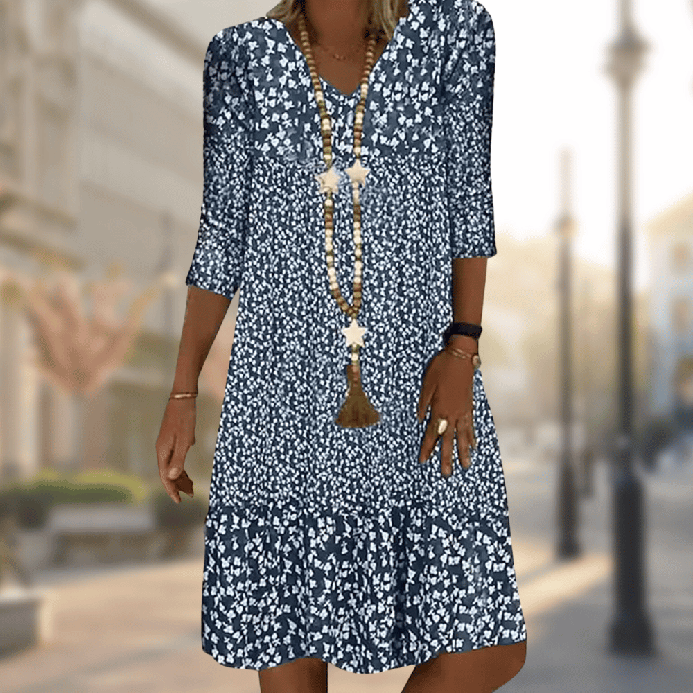 Avana Vestido Mujer Floral – Vestido Escote en V, Mangas 3/4, Fluido Elegante Casual
