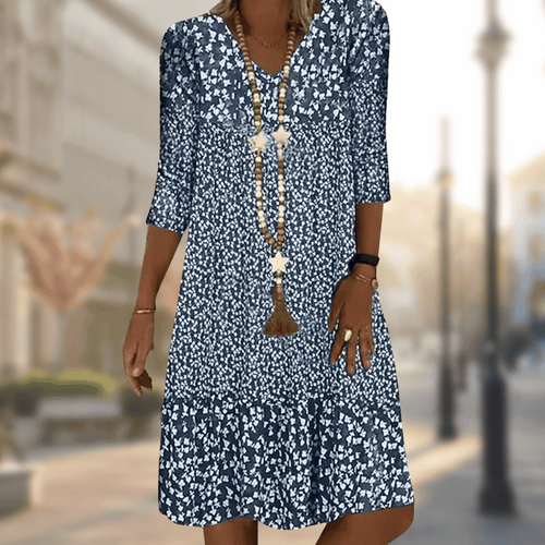 Avana Vestido Mujer Floral – Vestido Escote en V, Mangas 3/4, Fluido Elegante Casual
