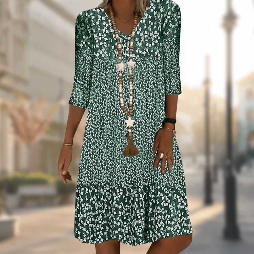 Avana Vestido Mujer Floral – Vestido Escote en V, Mangas 3/4, Fluido Elegante Casual