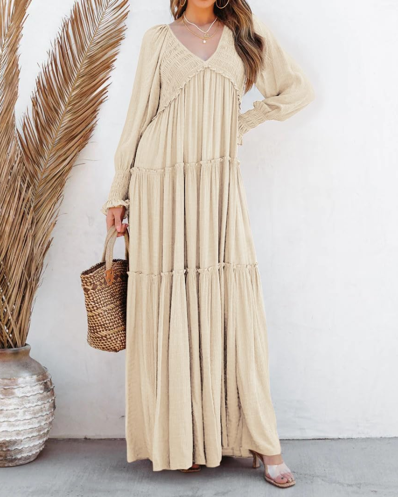Sophie Abito Donna – Maxi Dress Boho con Scollo a V, Maniche Lunghe & Gonna a Balze