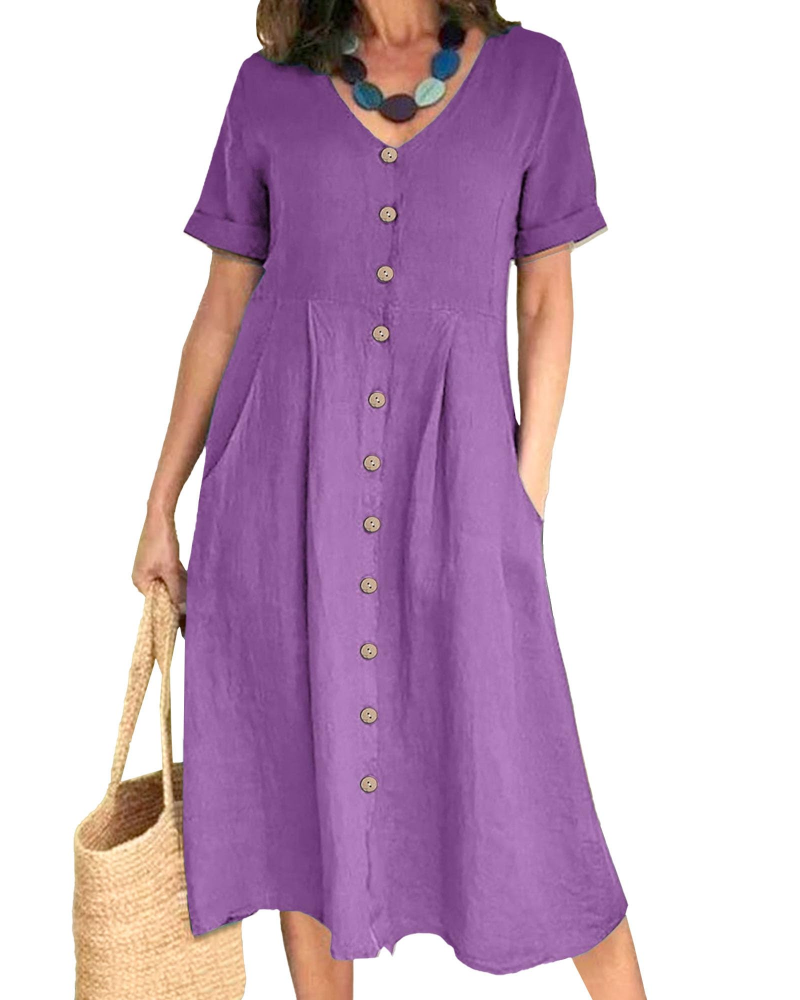 Serena Vestito Donna Midi – Misto Lino, Scollo a V, Bottoni & Fit Plus Size