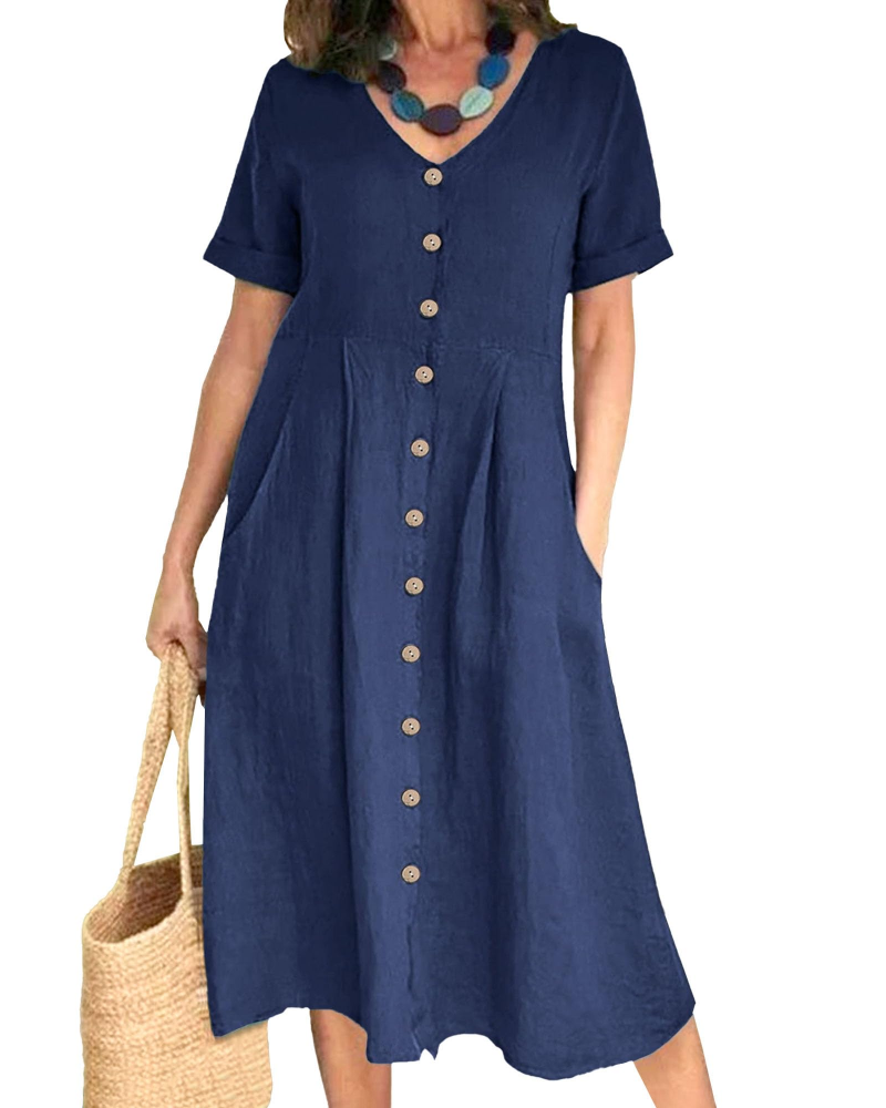 Serena Vestito Donna Midi – Misto Lino, Scollo a V, Bottoni & Fit Plus Size