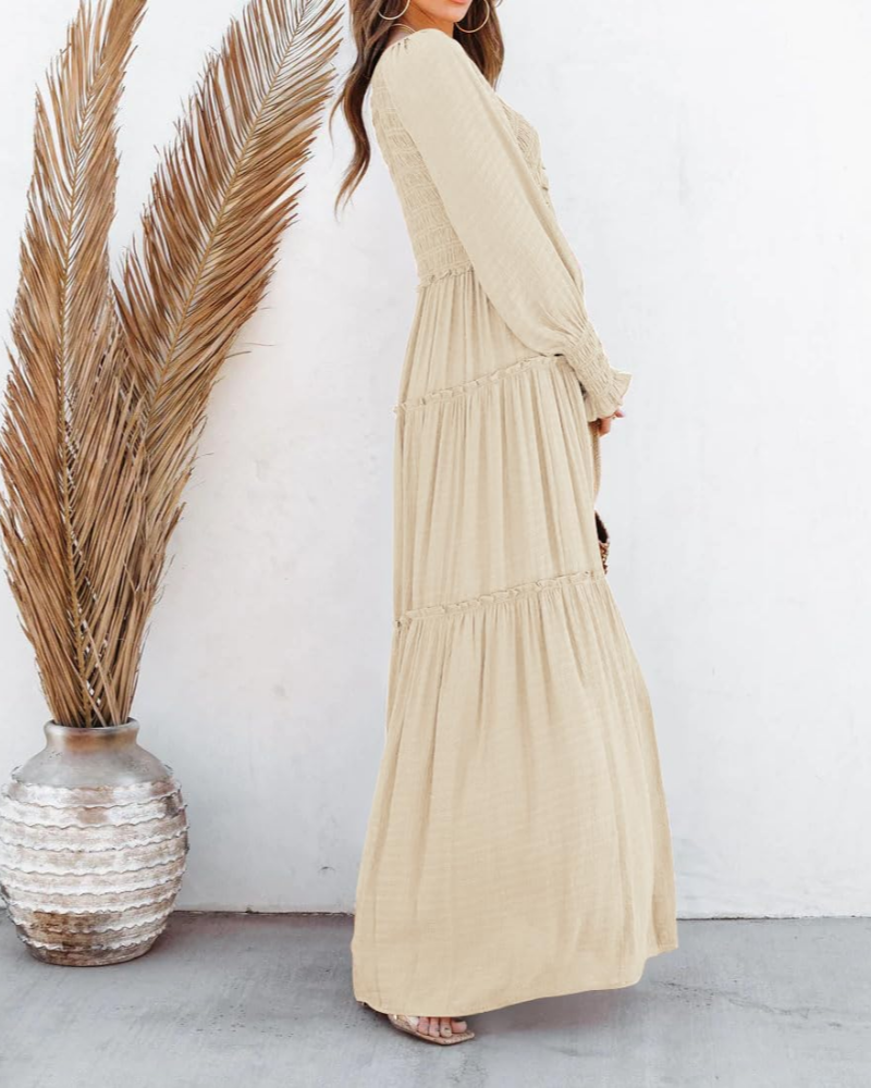 Sophie Abito Donna – Maxi Dress Boho con Scollo a V, Maniche Lunghe & Gonna a Balze