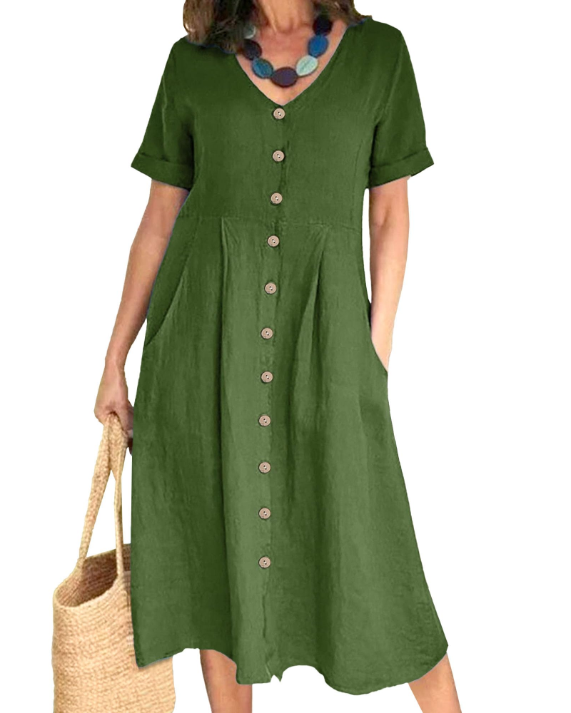 Serena Vestito Donna Midi – Misto Lino, Scollo a V, Bottoni & Fit Plus Size
