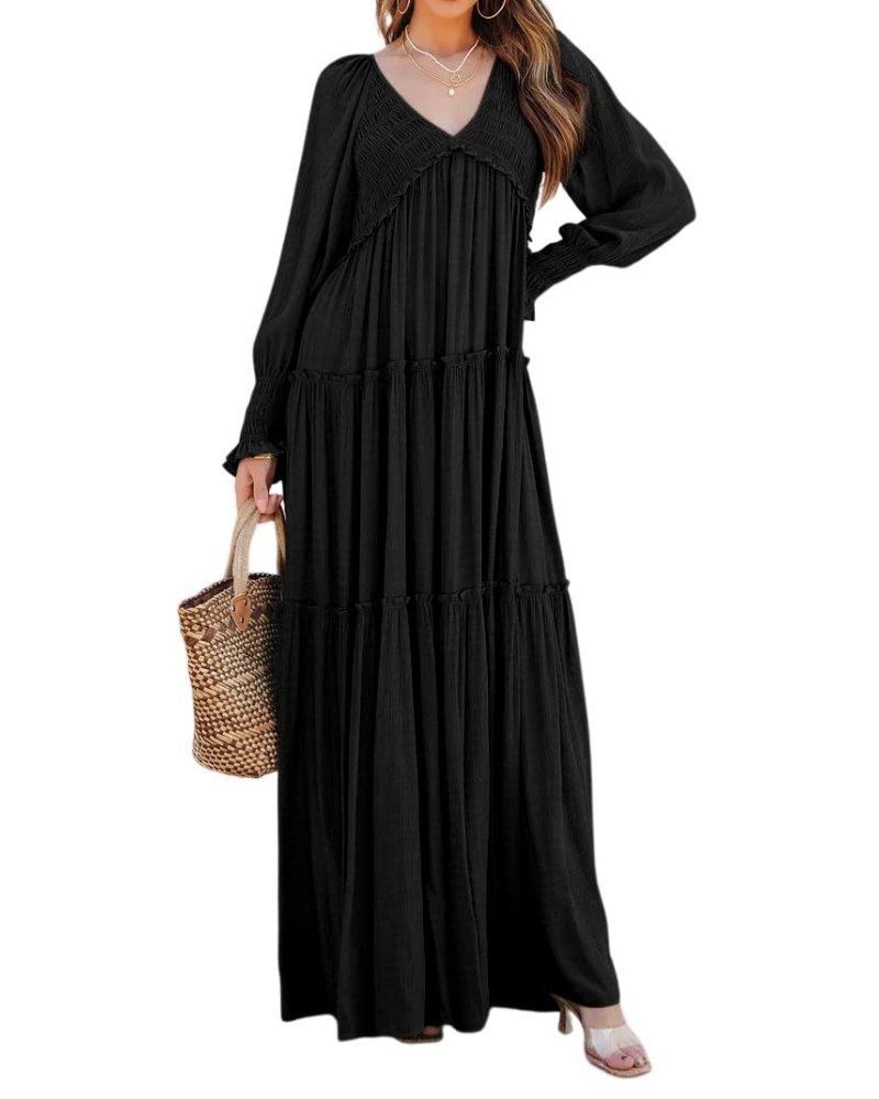 Sophie Abito Donna – Maxi Dress Boho con Scollo a V, Maniche Lunghe & Gonna a Balze