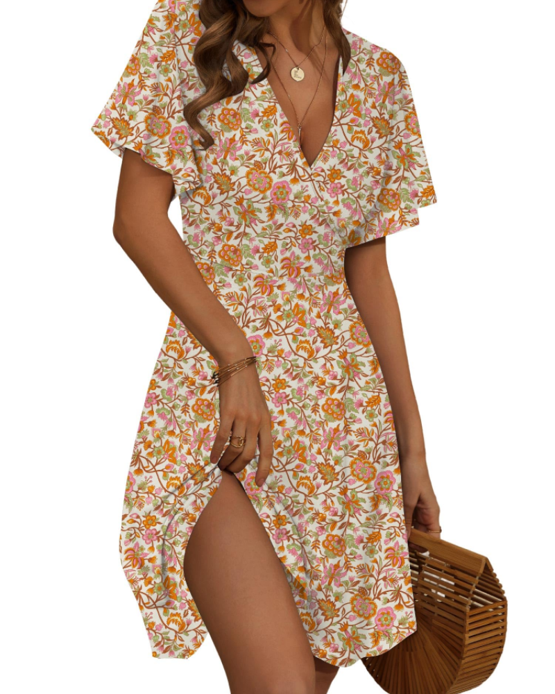 Ruby Abito Donna – Vestito Estivo A-Line con Scollo a V, Maniche a Volant & Stampa Floreale