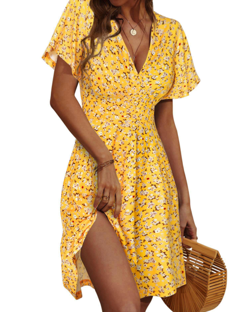 Ruby Abito Donna – Vestito Estivo A-Line con Scollo a V, Maniche a Volant & Stampa Floreale