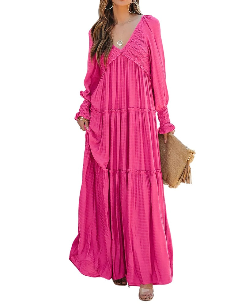 Sophie Abito Donna – Maxi Dress Boho con Scollo a V, Maniche Lunghe & Gonna a Balze