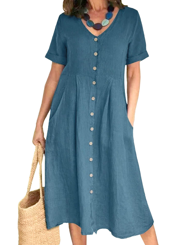 Serena Vestito Donna Midi – Misto Lino, Scollo a V, Bottoni & Fit Plus Size