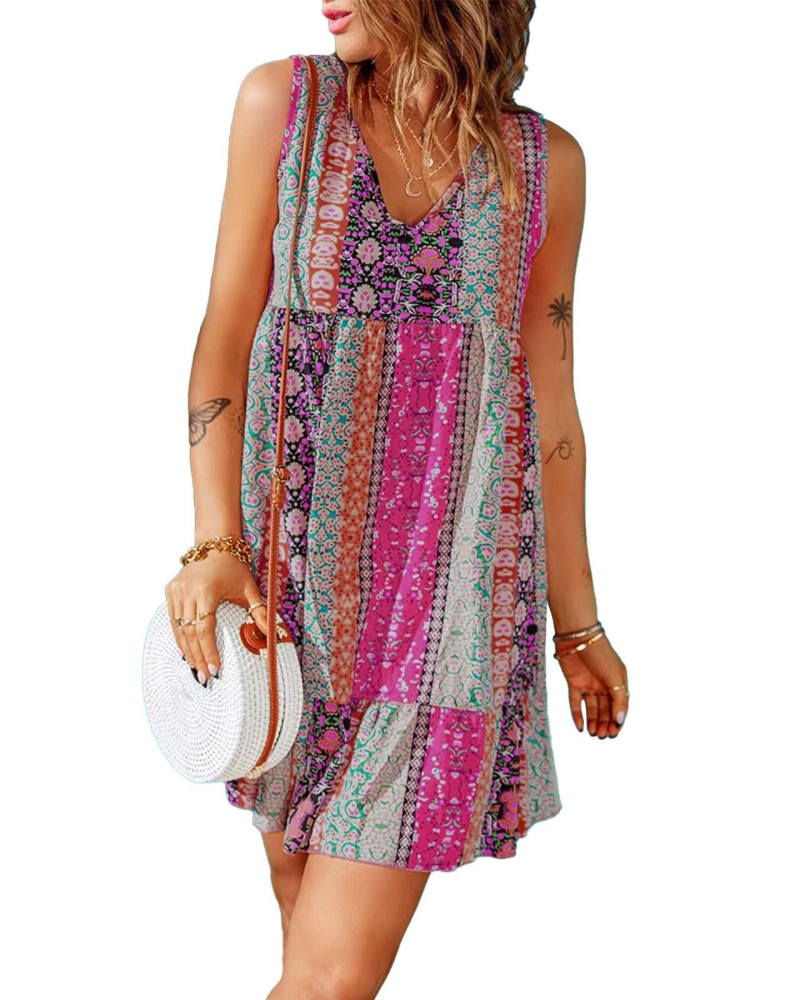 Robe courte Isla pour femme – style bohème, col en V, sans manches et ourlet volanté