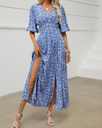 Lydia Vestito Donna Midi – Viscosa, Stampa Rose, Scollo a V & Cintura