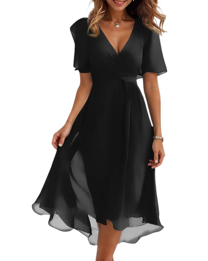 Victoria Damen Midikleid – Chiffon, V-Ausschnitt, Gürtel & plissierter Saum