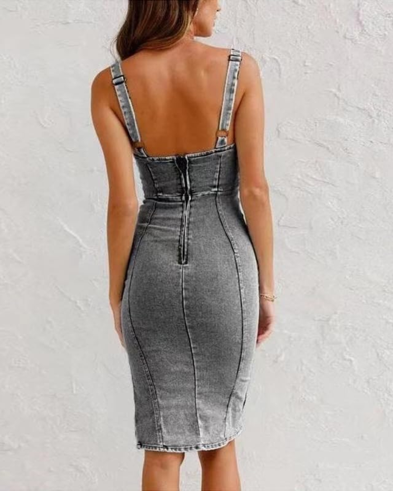 Madison Damenkleid – Midikleid aus elastischem Denim mit verstellbaren Trägern und Schlitz