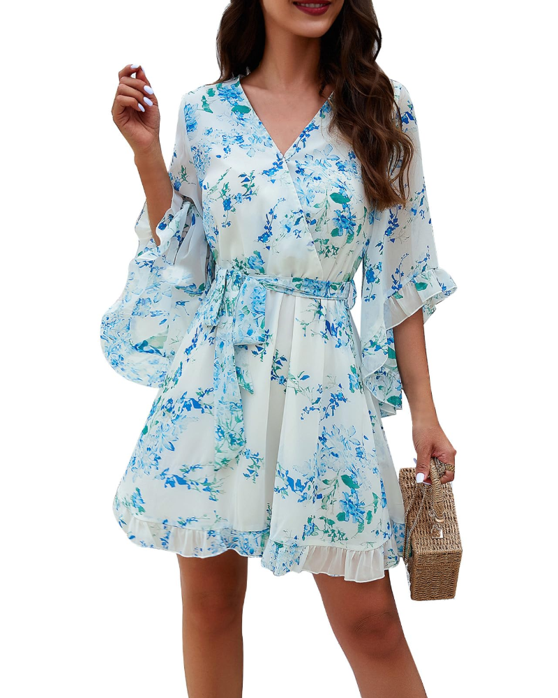 Rochie Mini Vivienne pentru Femei – Rochie Florală din Șifon cu Decolteu în V, Curea și Mâneci Clopot