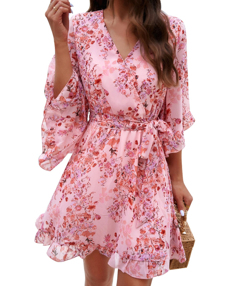 Rochie Mini Vivienne pentru Femei – Rochie Florală din Șifon cu Decolteu în V, Curea și Mâneci Clopot