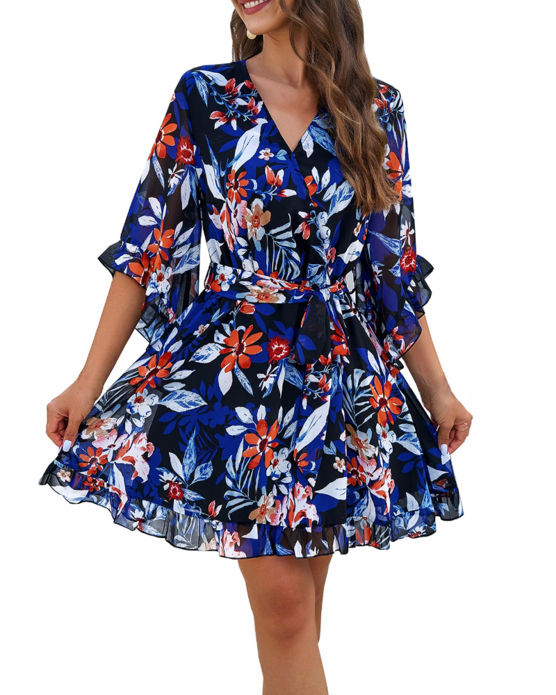 Rochie Mini Vivienne pentru Femei – Rochie Florală din Șifon cu Decolteu în V, Curea și Mâneci Clopot