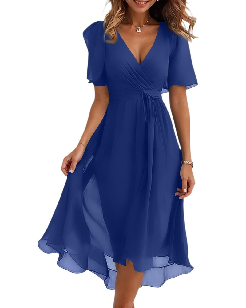 Victoria Damen Midikleid – Chiffon, V-Ausschnitt, Gürtel & plissierter Saum