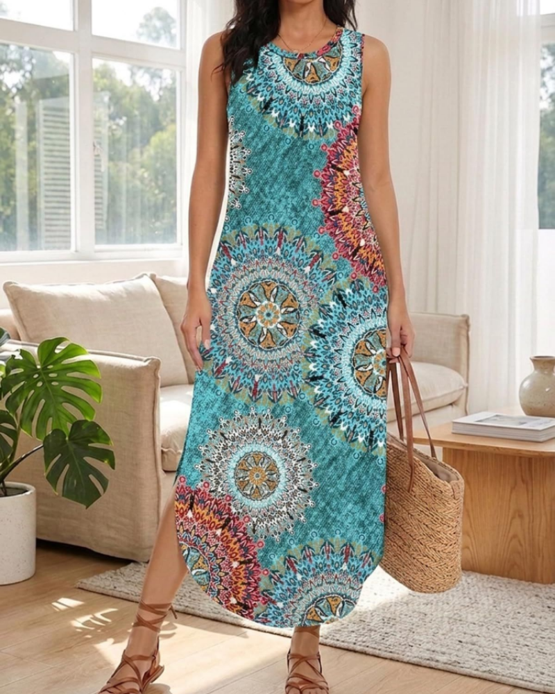 Madeline Damen Maxikleid – Ärmellos, Rundhalsausschnitt, Taschen & lockere Passform