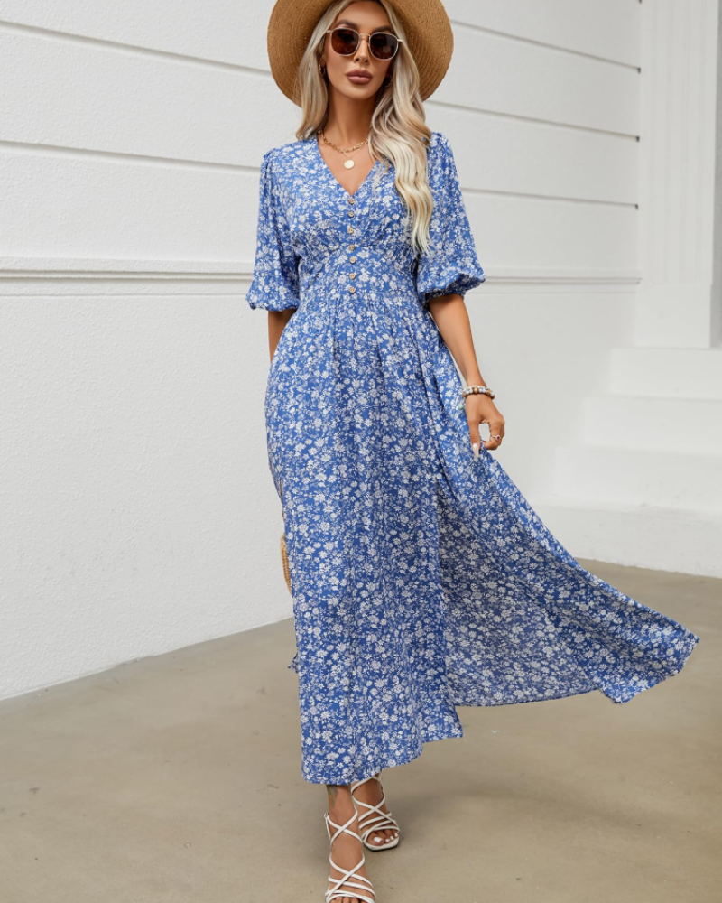 Lydia Vestito Donna Midi – Viscosa, Stampa Rose, Scollo a V & Cintura