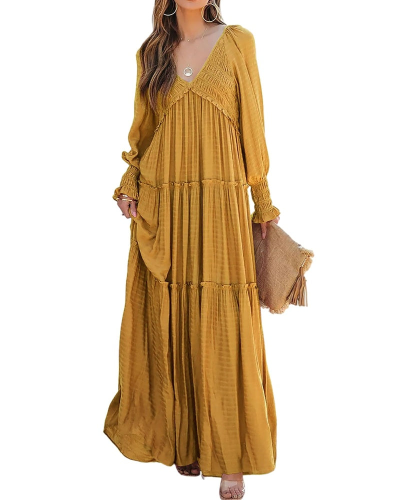 Sophie Abito Donna – Maxi Dress Boho con Scollo a V, Maniche Lunghe & Gonna a Balze