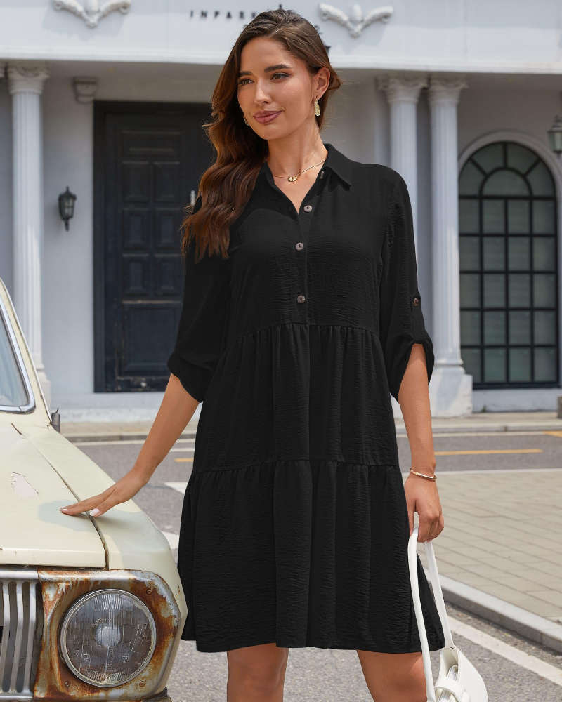 Aurora Abito Mini Donna – Vestito A-Line con Bottoni, Vita Alta & Maniche Regolabili