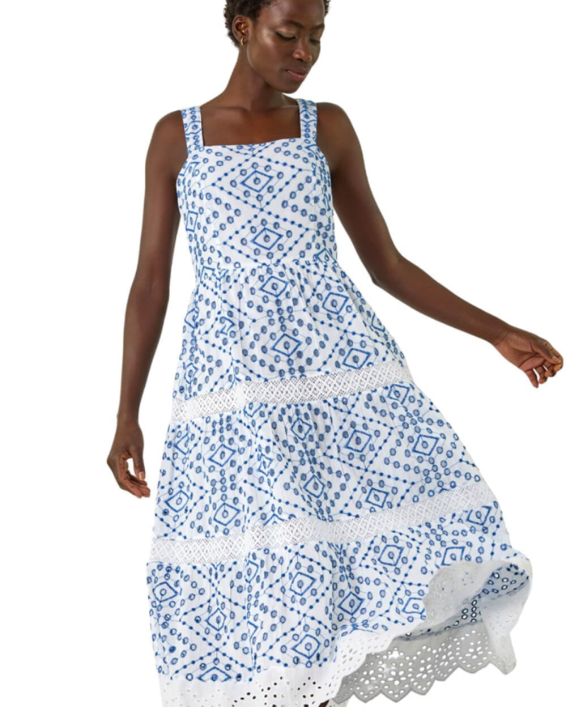 Bella Vestido Mujer – Vestido Midi de Algodón con Bordado Broderie, Tirantes y Escote Cuadrado