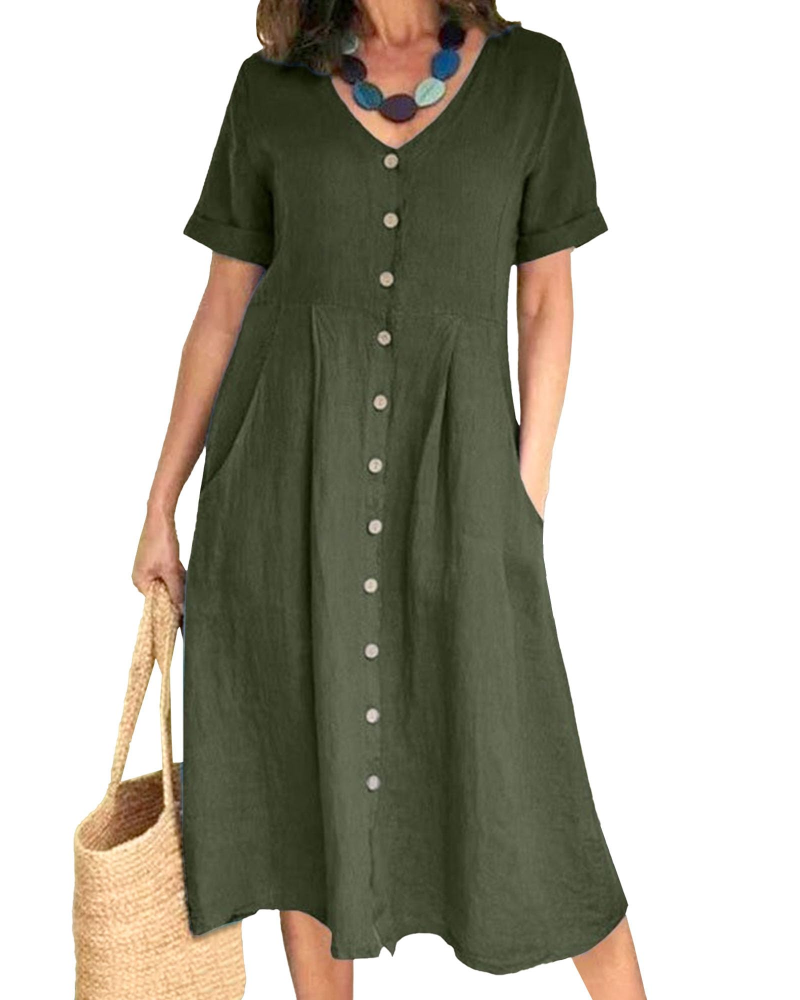 Serena Vestito Donna Midi – Misto Lino, Scollo a V, Bottoni & Fit Plus Size