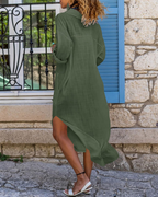 Madison Women's Dress – Long Cotton Linen Shirt Dress with Rolled-Up Sleeves & Buttons