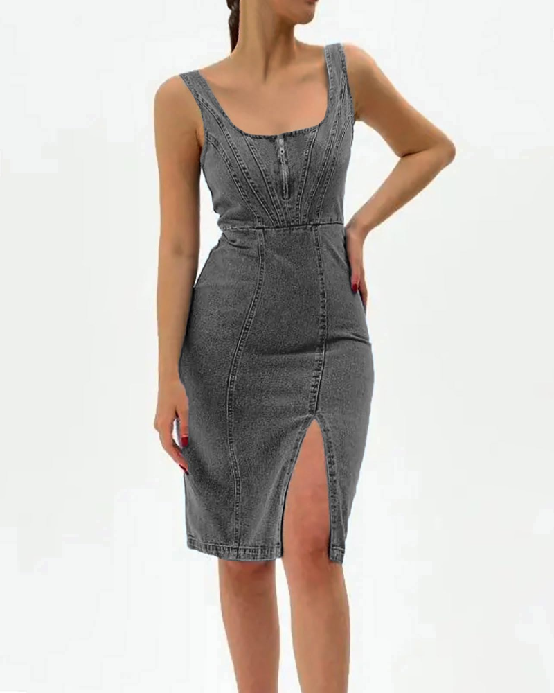 Madison Damenkleid – Midikleid aus elastischem Denim mit verstellbaren Trägern und Schlitz