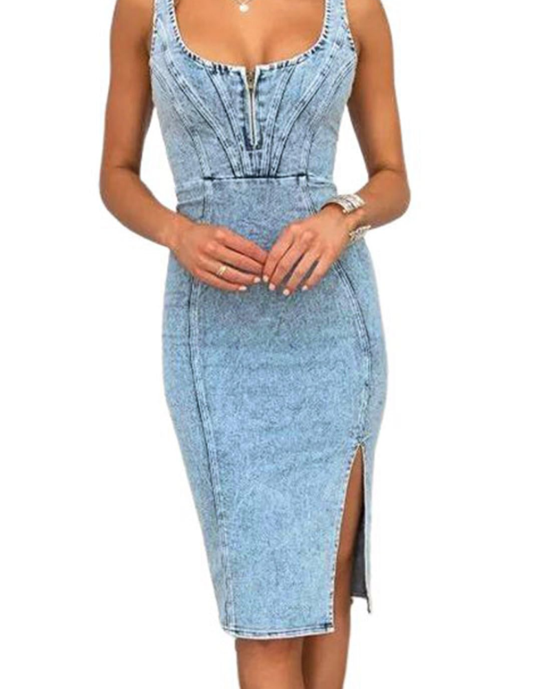 Madison Abito Donna – Vestito Midi in Denim Elasticizzato con Spalline Regolabili & Spacco