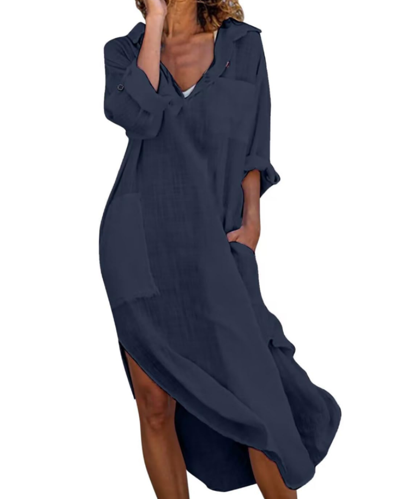 Madison Abito Donna – Vestito Camicia Lungo in Cotone Lino con Maniche Risvoltate & Bottoni