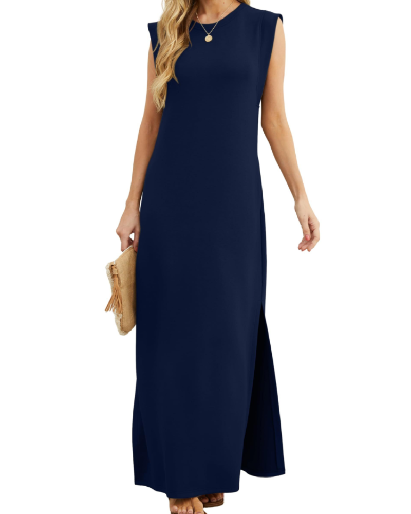 Brielle Robe Femme Maxi – Col Rond, Sans Manches, Poches & Fente