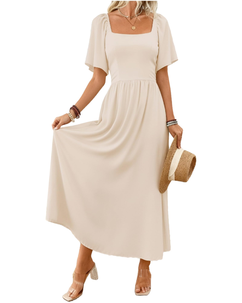 Celeste Maxikleid für Damen – Quadratischer Ausschnitt, Fledermausärmel & A-Linie