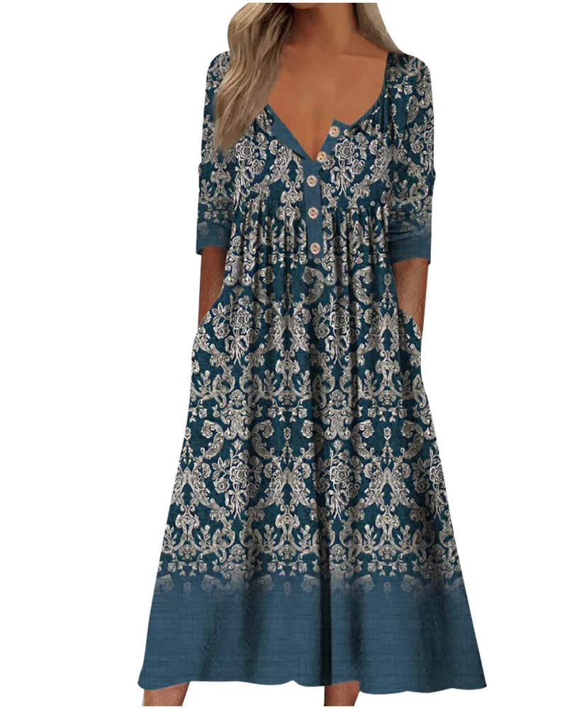 Maya Dámské maxi šaty – Boho květinový potisk, výstřih do V a balónové rukávy