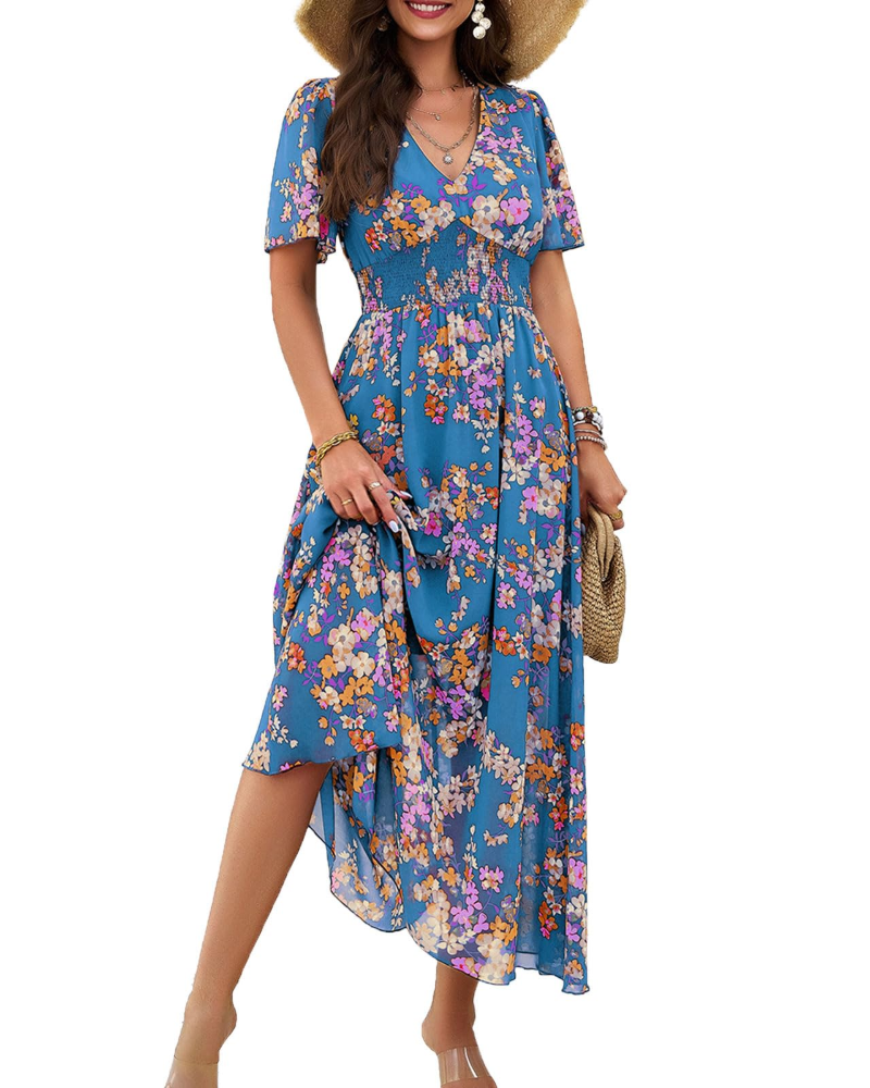 Eliza Midikleid für Damen – V-Ausschnitt, kurze Ärmel, hohe Taille & fließender Saum