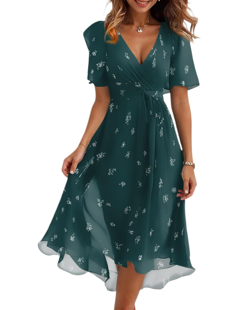 Victoria Damen Midikleid – Chiffon, V-Ausschnitt, Gürtel & plissierter Saum