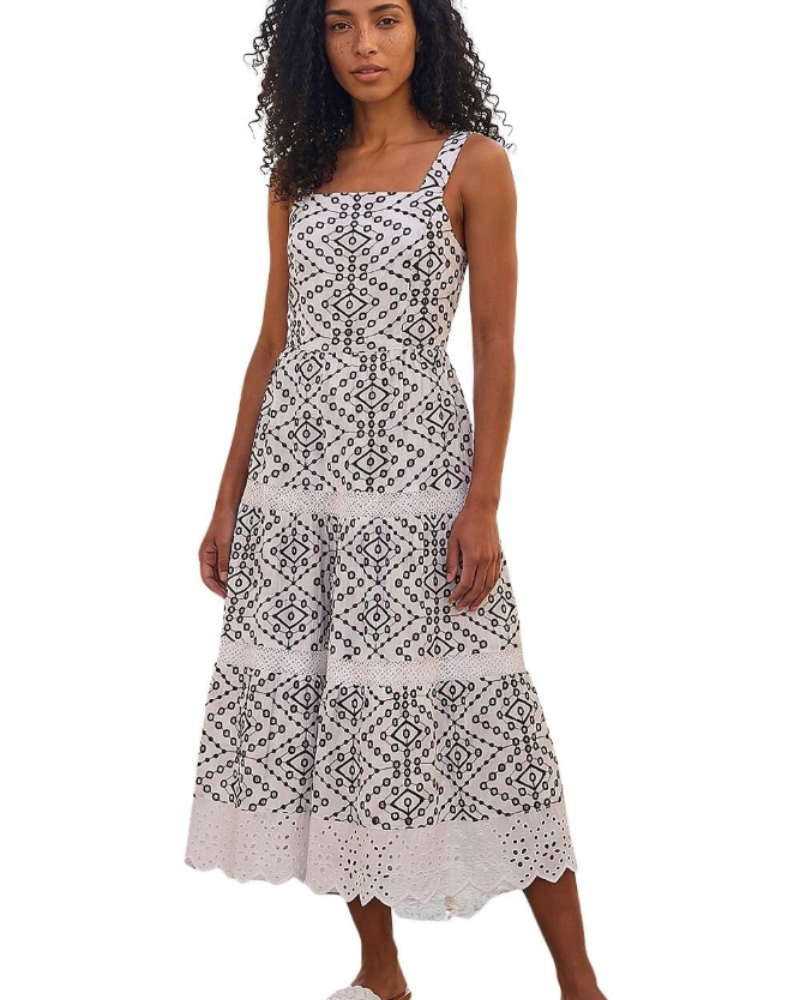 Bella Vestido Mujer – Vestido Midi de Algodón con Bordado Broderie, Tirantes y Escote Cuadrado