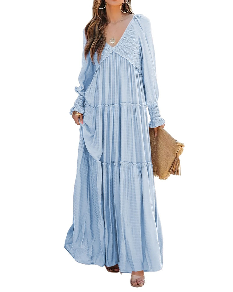 Sophie Abito Donna – Maxi Dress Boho con Scollo a V, Maniche Lunghe & Gonna a Balze