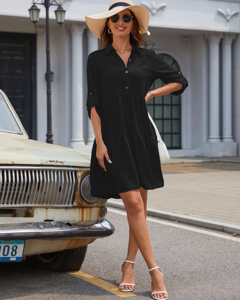 Aurora Abito Mini Donna – Vestito A-Line con Bottoni, Vita Alta & Maniche Regolabili
