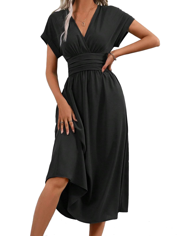 Victoria Maxikleid für Damen – V-Ausschnitt, Fledermausärmel, plissierte Taille