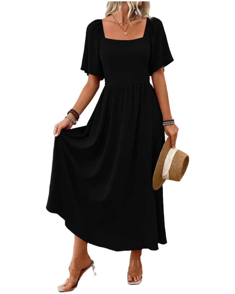 Celeste Women's Maxi Dress – Square Neckline, Batwing Sleeves & A-Line Silhouette