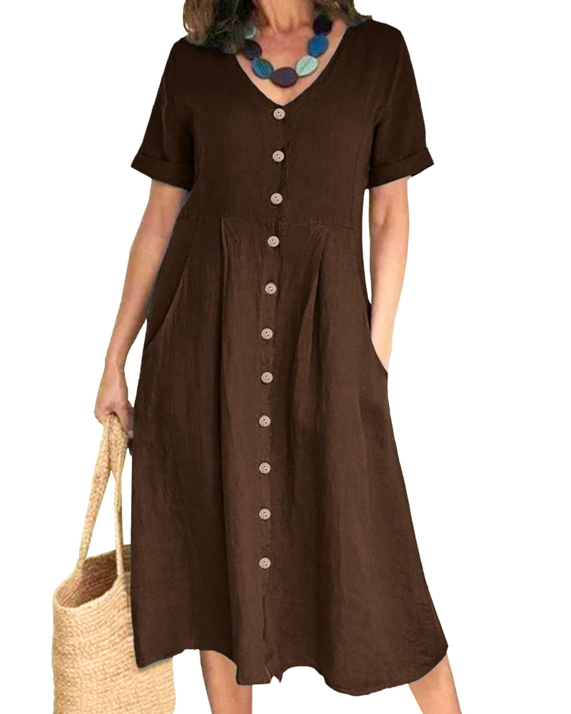 Serena Vestito Donna Midi – Misto Lino, Scollo a V, Bottoni & Fit Plus Size