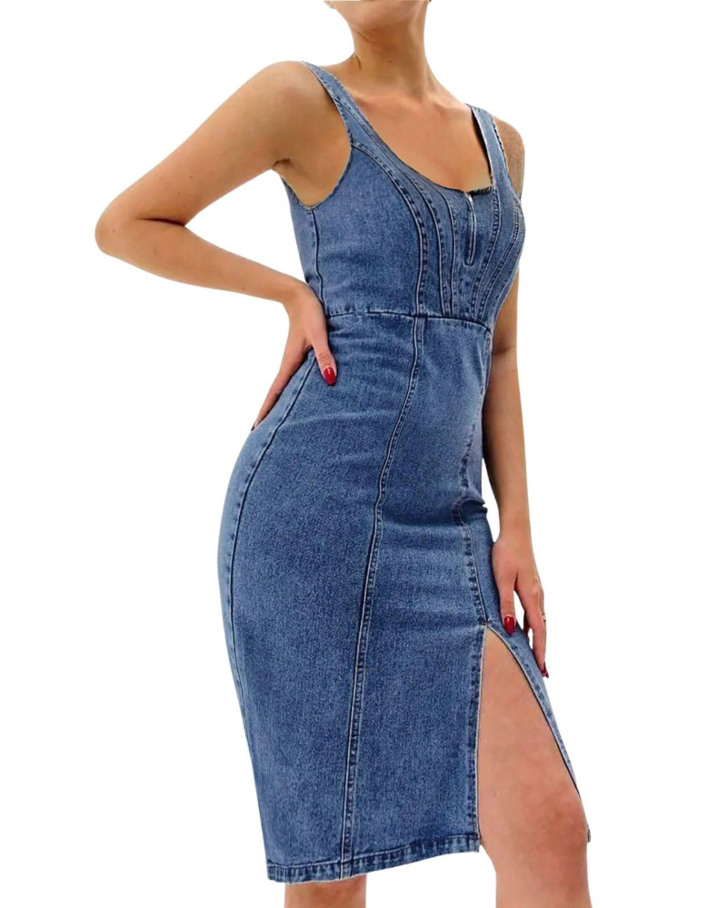 Madison Abito Donna – Vestito Midi in Denim Elasticizzato con Spalline Regolabili & Spacco