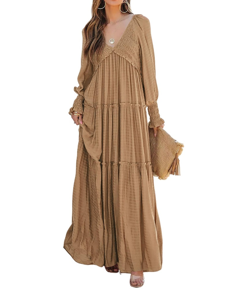 Sophie Abito Donna – Maxi Dress Boho con Scollo a V, Maniche Lunghe & Gonna a Balze