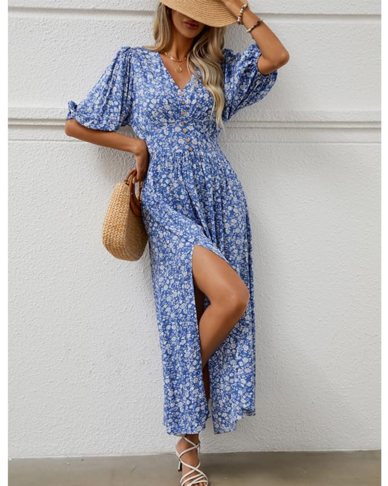Lydia Vestito Donna Midi – Viscosa, Stampa Rose, Scollo a V & Cintura