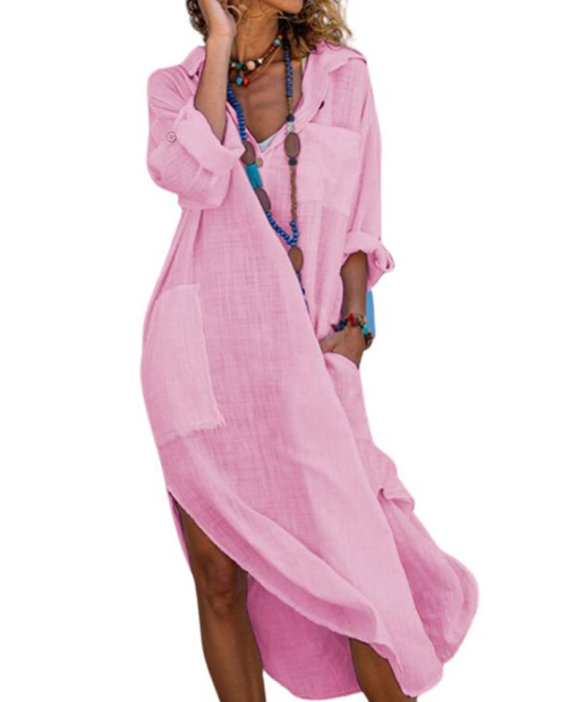 Madison Abito Donna – Vestito Camicia Lungo in Cotone Lino con Maniche Risvoltate & Bottoni